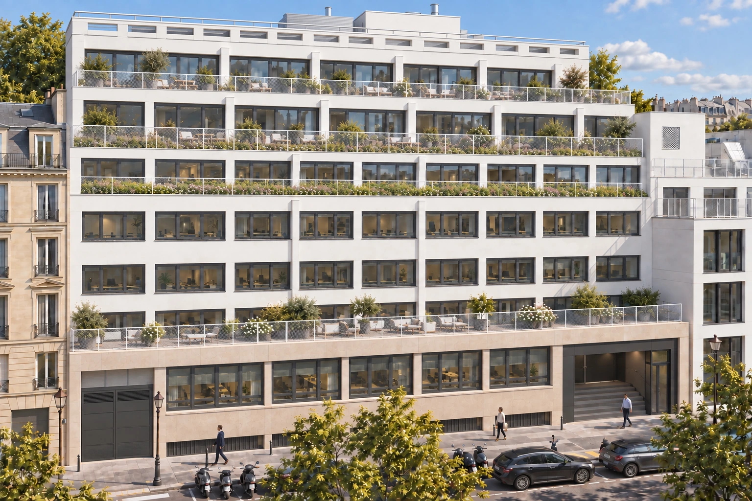 Façade de l’immeuble de bureaux rénové à Neuilly-sur-Seine
